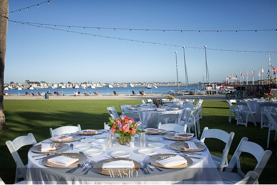 catamaran-resort-hotel-wedding-outdoor-dinner-reception-decor-golden-table-numbers-fresh-flowers-beach-view-67 Catamaran Resort Hotel Wedding - Anna and Andy