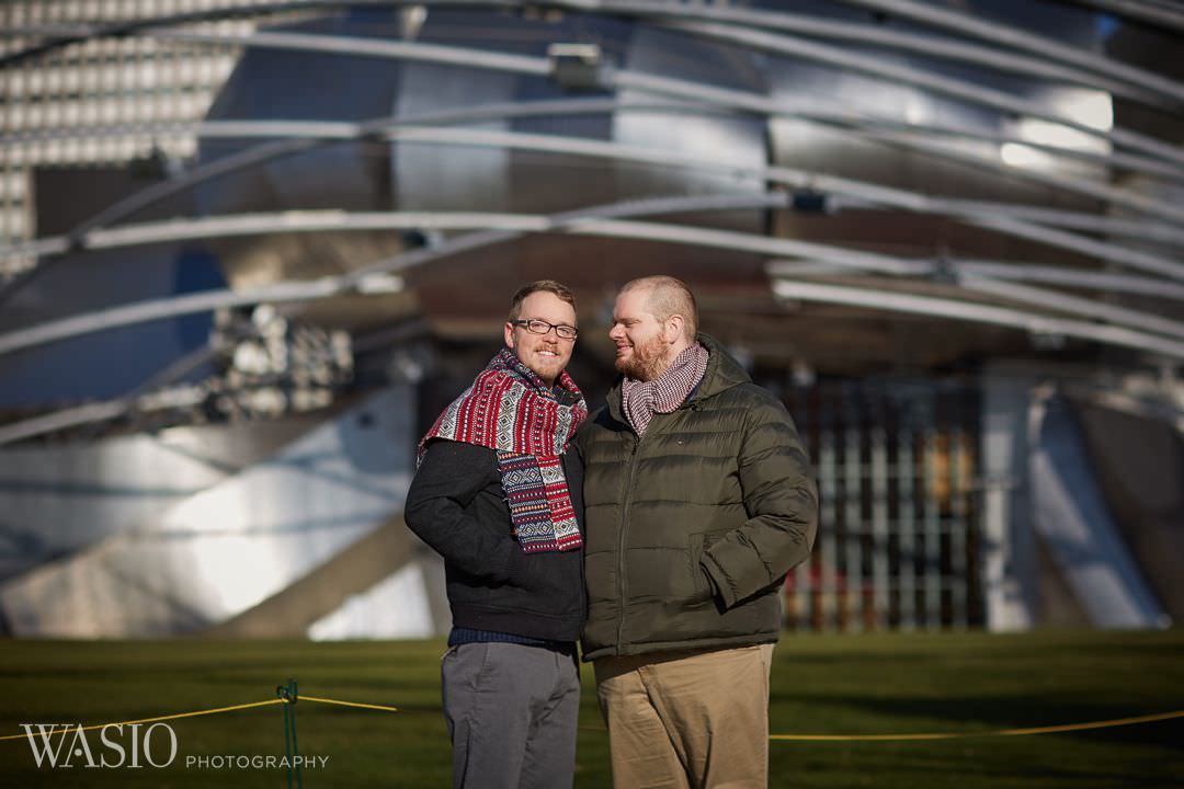 park-engagement-winter-gay-pritzker-pavilion Chicago same sex engagement - Jeffrey + Brandon